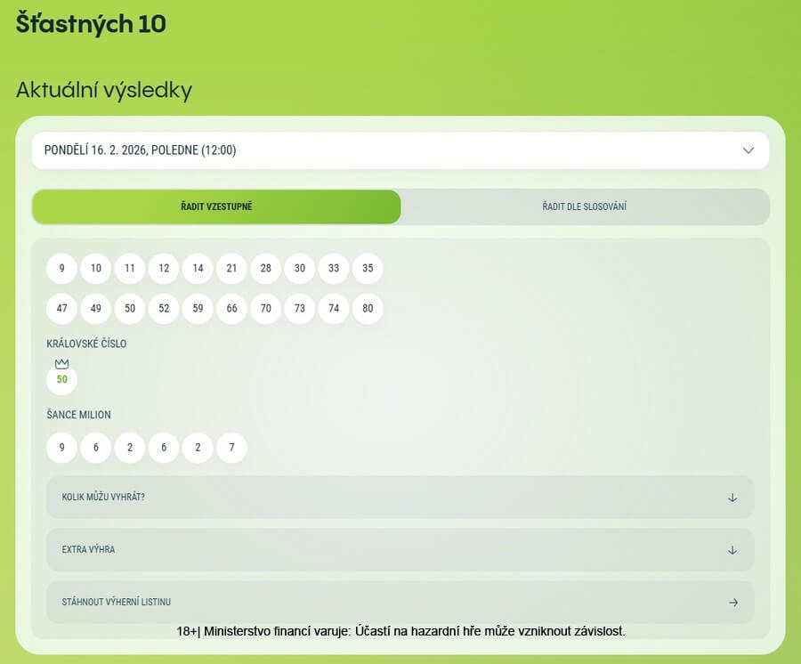 Šťastných 10 aktuální výsledky na webu.