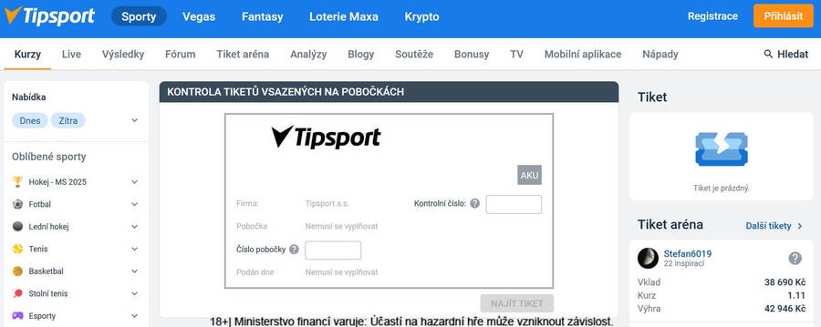 Tipsport kontrola tiketu online – formulář