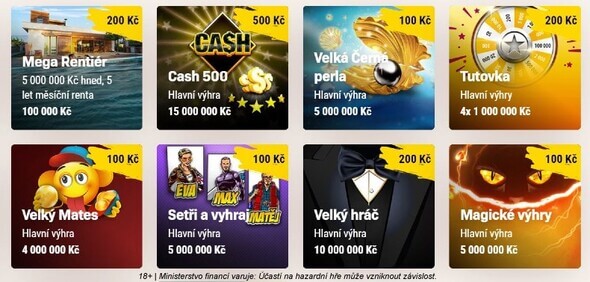 Stírací losy Sazka s výhrou 1 000 000 Kč nebo víc