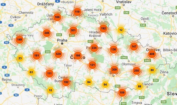 Mapa poboček, na nichž lze zakoupit losy Korunky