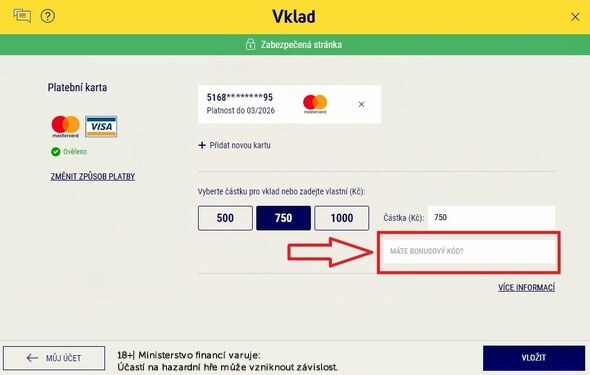 Nezapomeňte při vkladu uvést bonusový promo kód.
