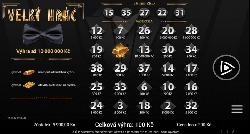 Setřete si online los Velký hráč.
