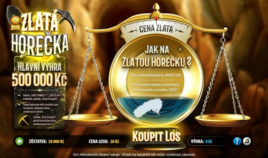 Online los Zlatá horečka vás přijde na 20 Kč a vyhrát můžete až 500 tisíc.
