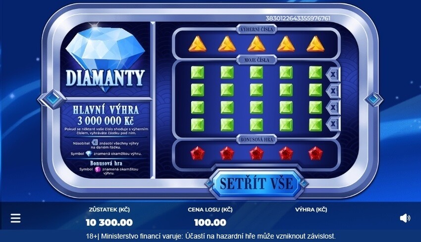 Setřete si online los Diamanty 100 u Sazky.