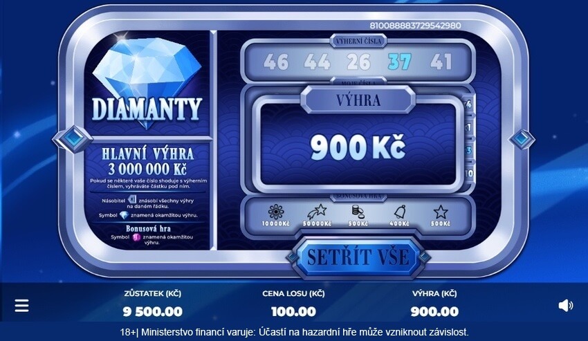 Výhra v online losu Diamanty 100.