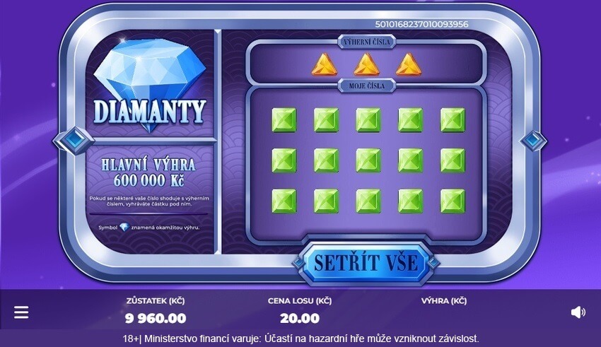 Setřete si online los Diamanty 20 – vyhrát můžete až 600 tisíc korun.
