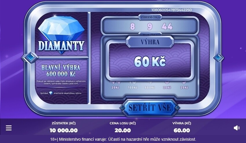 Výhra na online stíracím losu Diamanty 20.