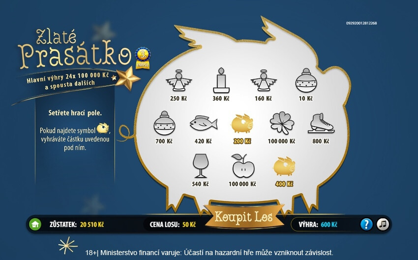Zlaté prasátko online los od Sazky - velká výhra.