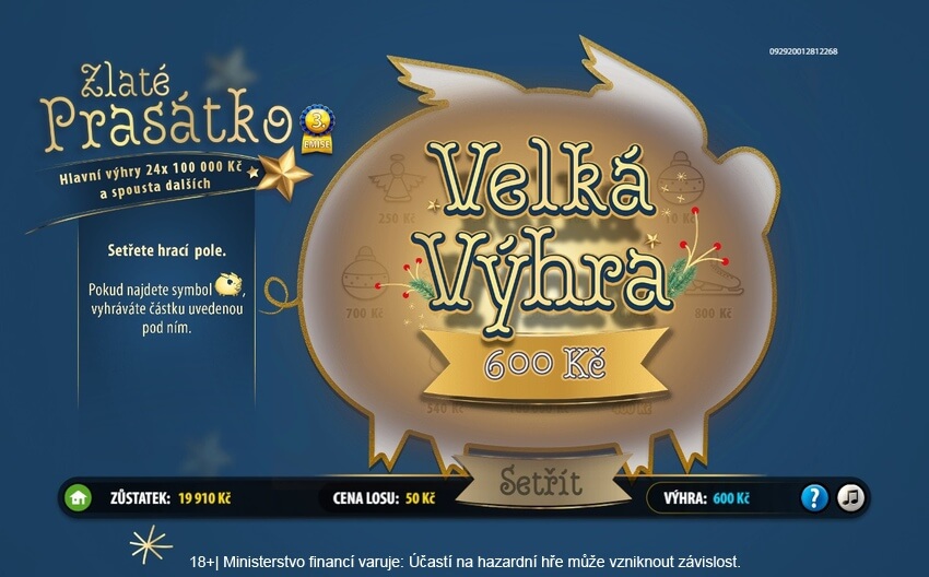 Zlaté prasátko online los od Sazky - výhra.