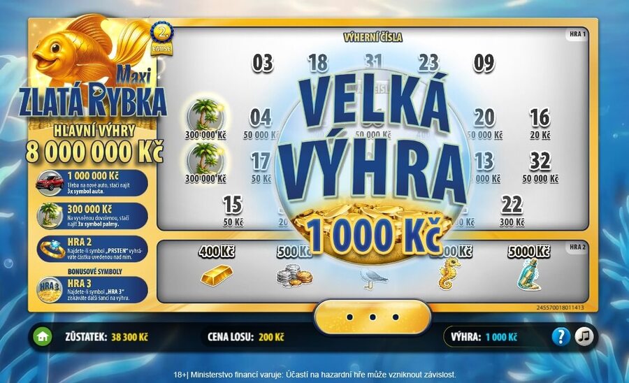 Výhra na stíracím losu Maxi Zlatá rybka.