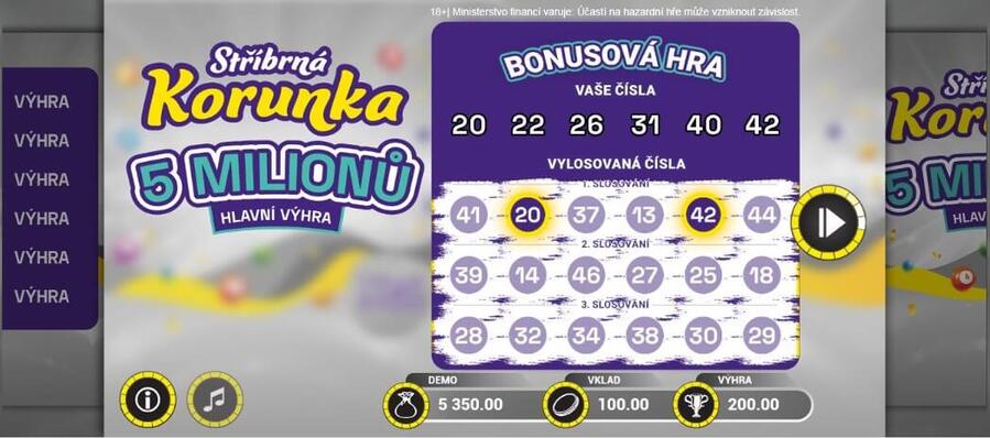 Bonusová hra losu Stříbrná Korunka a výhra 200 Kč