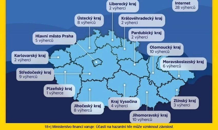 Mapa výherců v Milionové vánici – prémii Sportky.