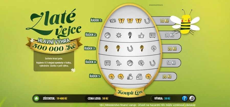 Velikonoční stírací los Zlaté vejce s výhrou 50 Kč