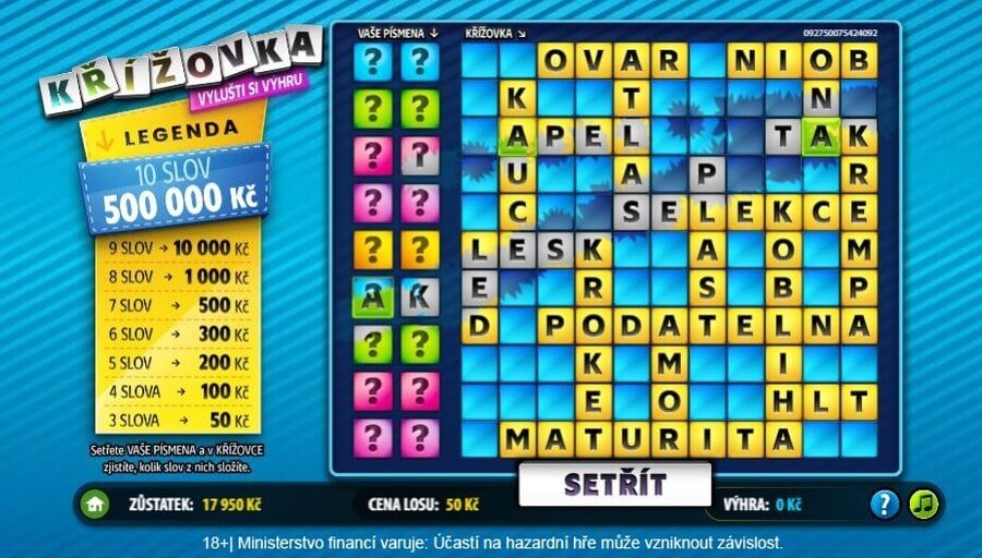 V losu Křížovka vyhráváte podle počtu výherních písmen na losu.