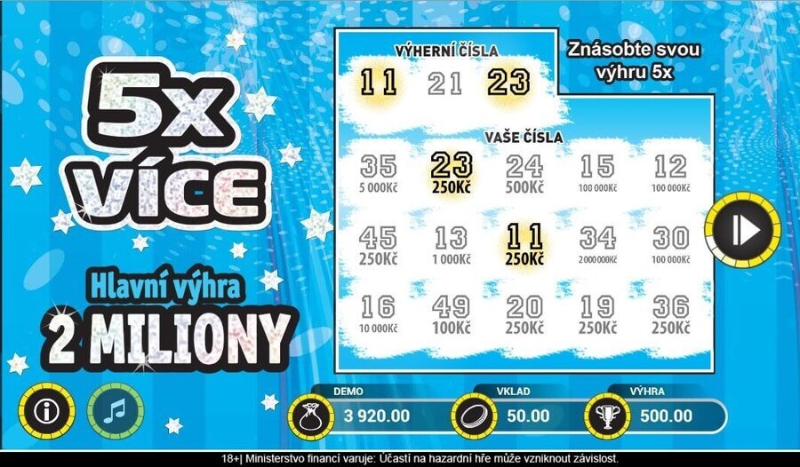 Ve stíracím losu 5x Více můžete vyhrát až 2 miliony.