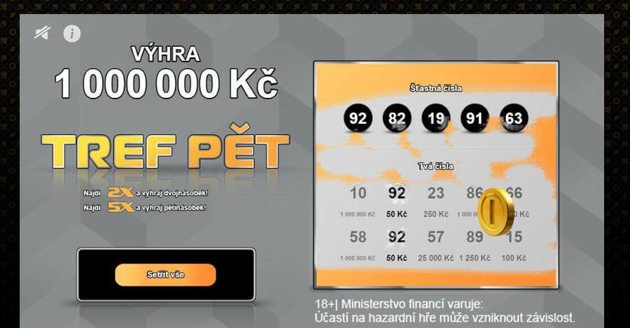 Zkusíte los Tref pět s hlavní výhrou milion korun?
