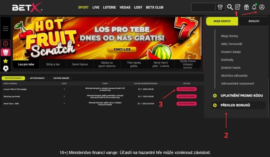 Jak aktivovat bonus 5 Kč na online los.