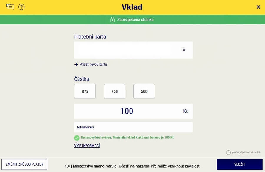 Nezapomeňte při provádění vkladu doplnit políčko pro bonusový kód.