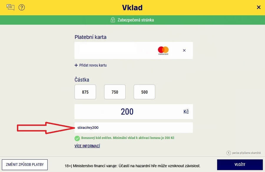 Při vkladu použijte promo kód stiracilosy200
