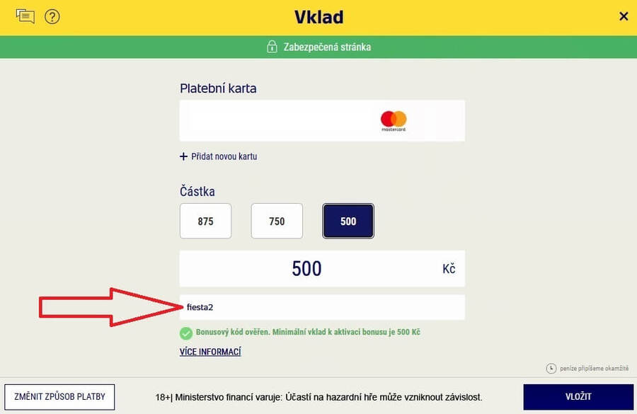 Za vklad 500 Kč s promo kódem získáte 3 losy Fiesta bez dalších podmínek.