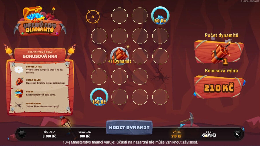 Bonusová hra v online losu Velký Lov diamantů