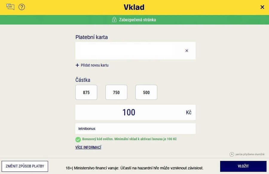 Nezapomeňte při vkladu zadat bonusový kód pro aktivaci.