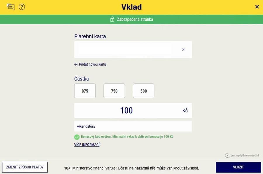 Při vkladu peněz na konto nezapomeňte uvést správný promo kód.