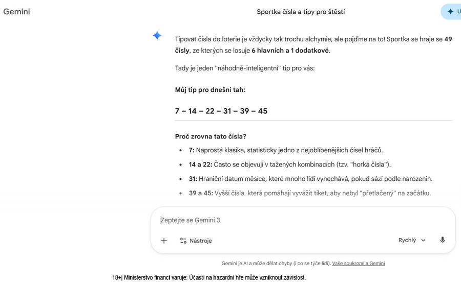 AI Sportka - tip od Gemini