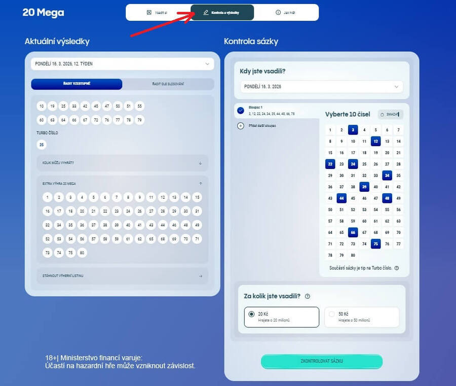 Kontrola tiketu u&nbsp;online loterie 20 Mega