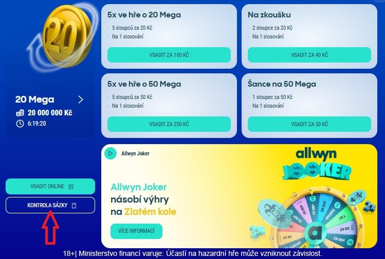 U loterie 20 Mega kliknete na Kontrola sázky