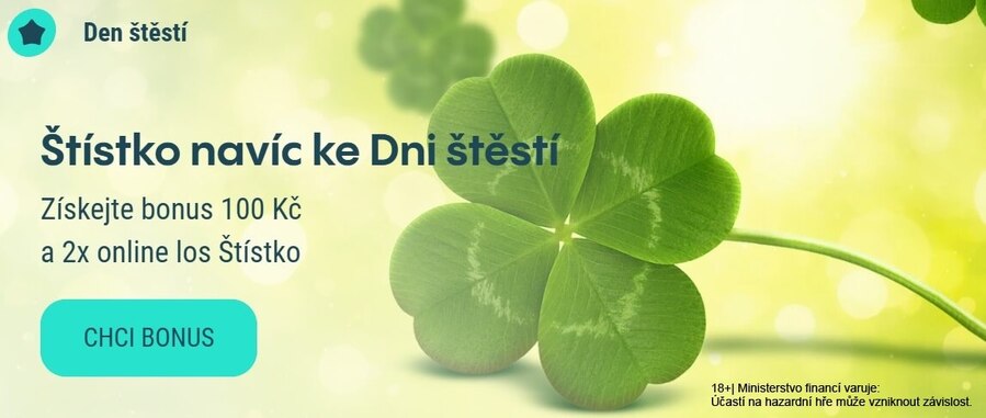 Získejte dnes bonus 100&nbsp;Kč a&nbsp;k&nbsp;tomu dva losy Štístko zdarma.