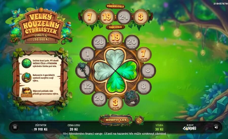 Online stírací los Velký kouzelný čtyřlístek po setření