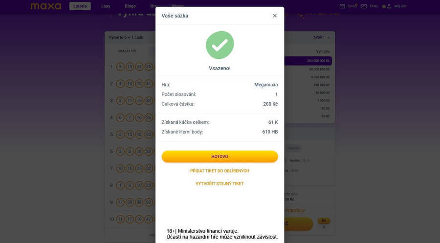 Vsazený tiket Megamaxy na mimořádné slosování.