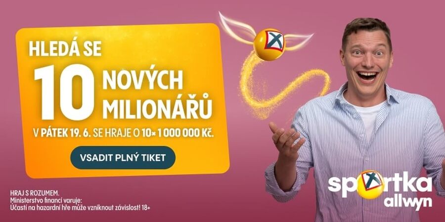 Vsaďte si dnes plný tiket Sportky a&nbsp;hrajte nejen o&nbsp;Superjackpot, ale také o&nbsp;prémii 10x milion.
