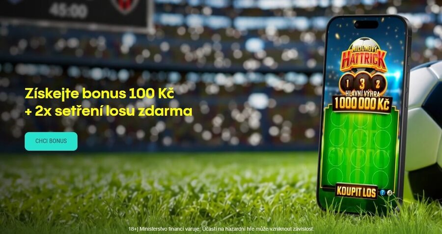 Získejte tento týden bonus 100&nbsp;Kč a&nbsp;k&nbsp;tomu 2x setření losu Milionový hattrick zdarma.