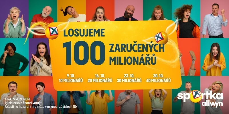 Allwyn Sportka 100x milion 2026 (říjen) Termíny losování prémií.