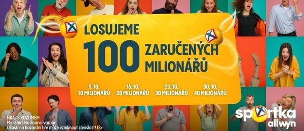 Allwyn Sportka 100x milion 2026 (říjen) Termíny losování prémií.